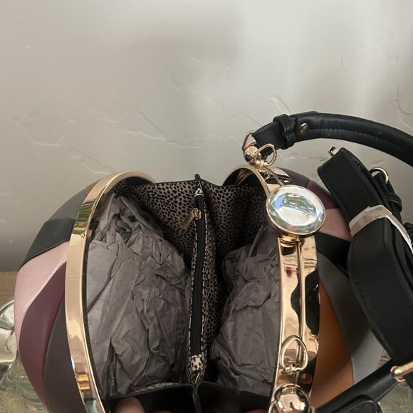 Vegan Leather Spherical Shoulder Bag With Colorful Stripes And Top Handle - Picture 5 of 6